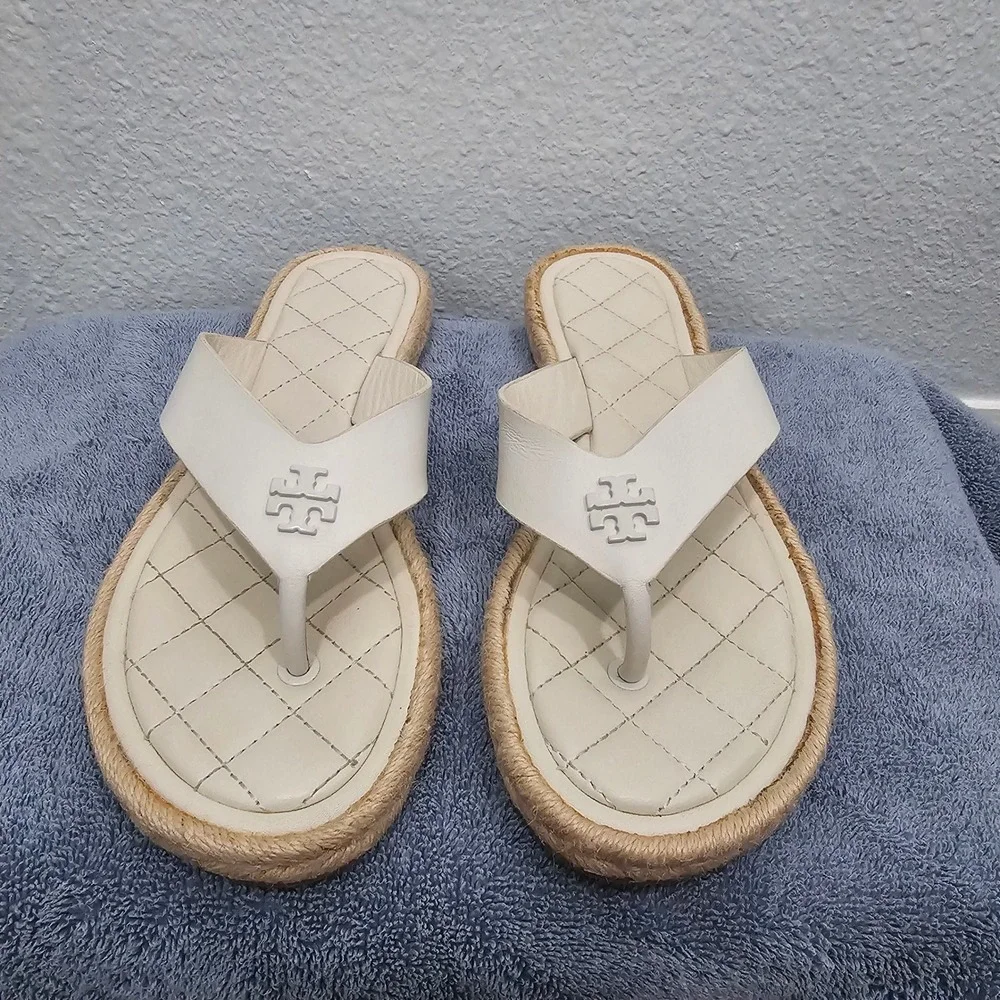 Tory Burch Ines Espadrille Thong Sandals White Leather Double T‎ Logo Flat 8M